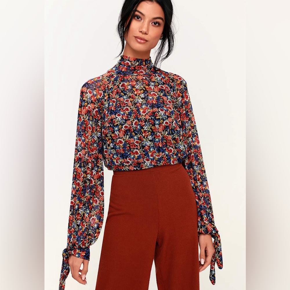 Free People High-Neck Floral Blouse in Navy Multi